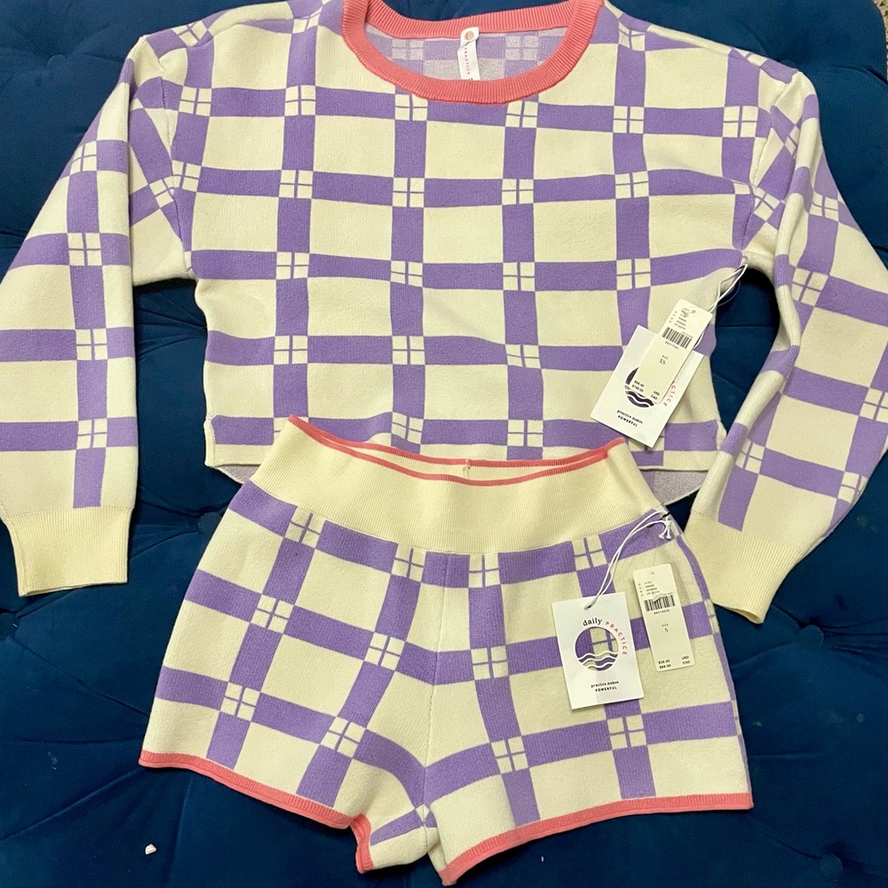Anthropologie Purple and Cream Checkered Sweater Set
